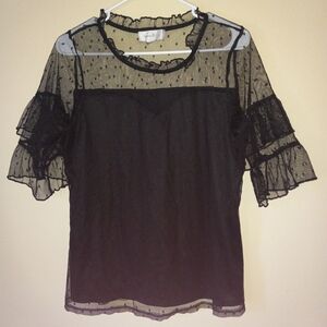 Ultra-Elegant EMMA & OLIVE Black/Chiffron Sheer with Polka-Dot Blouse Women's M